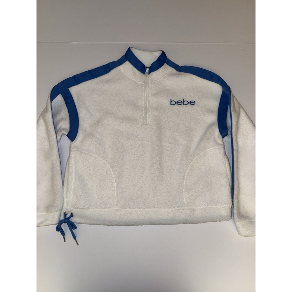 Bebe Women Large Jacket White Blue Cropped Fleece Pullover 1/4 Zip Casual NWT